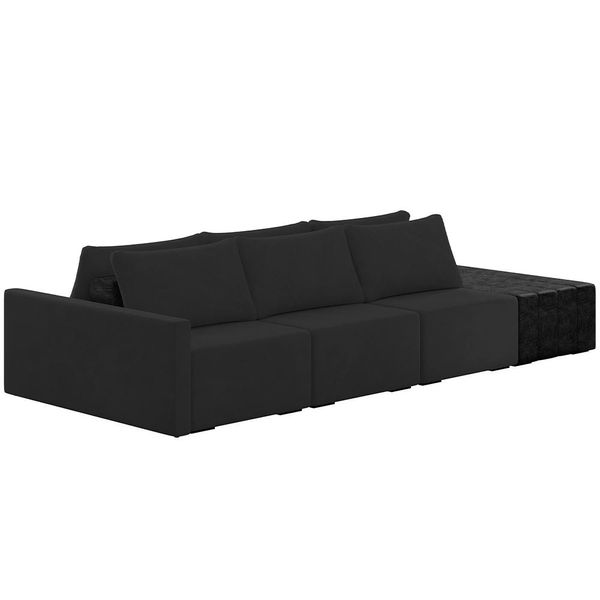 Sofá Ilha Modular Para Sala 342cm com Puff Dublin K01 Veludo Preto e Sintético Preto - Lyam Decor