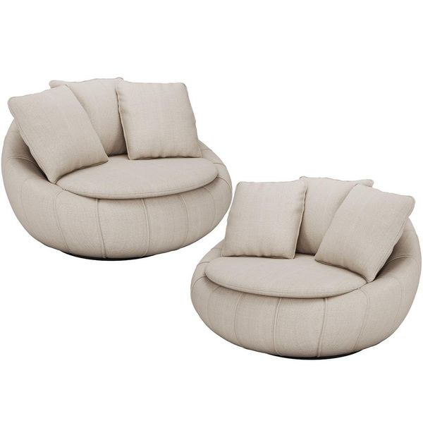 Kit 02 Poltronas Giratórias Para Sala de Estar Kira M03 Linho Bege - Lyam Decor