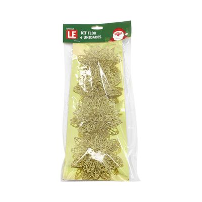 Kit Flor Natal Le com Clipe 8cm com 4 Unidades Dourado