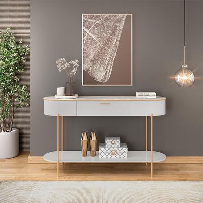 Aparador Decorativo Amanda 1 Gaveta e 1 Prateleira Pés Metálicos Dourados Fendi/Quartzo G18 - Gran Belo
