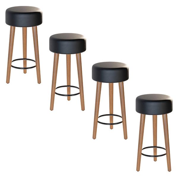 Kit 04 Banquetas Baixa Cozinha Paris Estofada D-33 Pés de Madeira Rosqueáveis Corano Preto - Desk Design