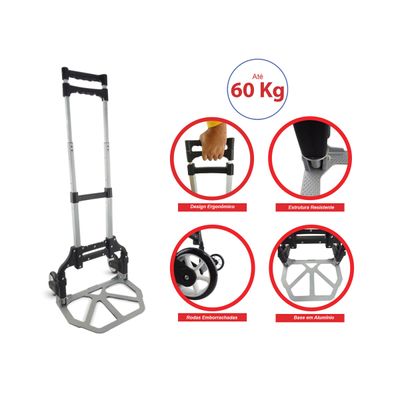 Carrinho de Carga em Alumínio Puxador Ergonômico Rodas Emborrachadas Compacto Suporta 60 KG