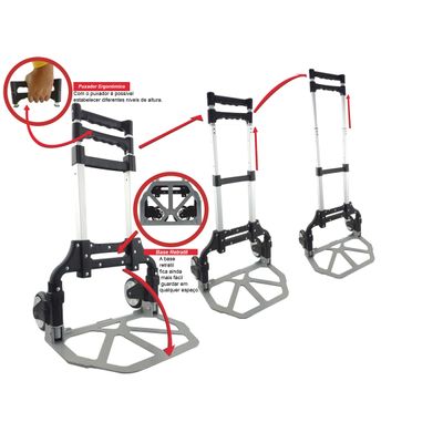 Carrinho de Carga em Alumínio Puxador Ergonômico Rodas Emborrachadas Compacto Suporta 60 KG