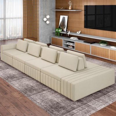 Sofá Ilha com Puff para Sala Living 425cm Amber M03 Linho Cru - Lyam Decor