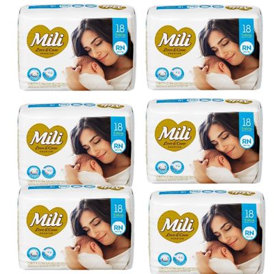 Fralda Descartável MILI Love & Care RN   6 pacotes c/ 18