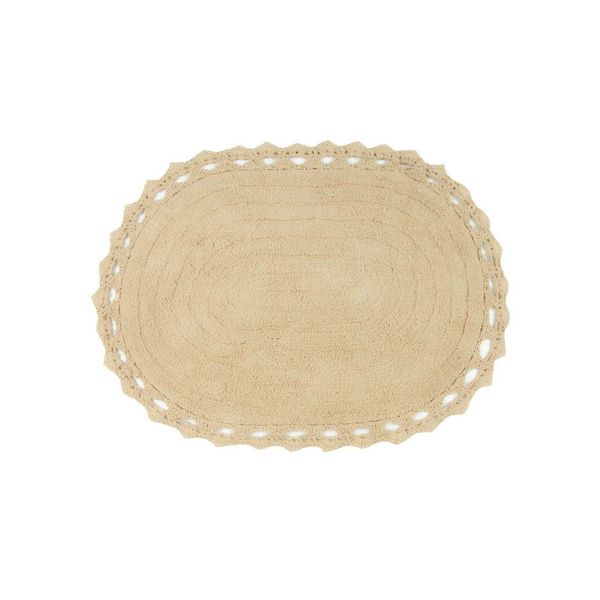 Tapete de Banheiro Quarto Oval Algodao Croche Bege 50x70cm