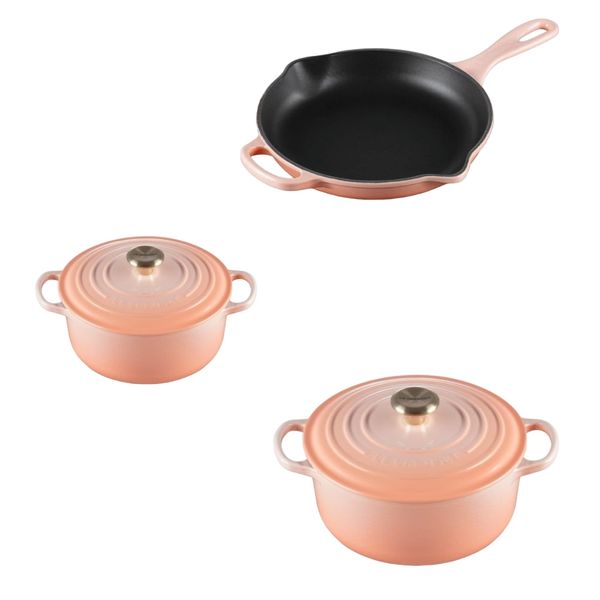KIT LE CREUSET 2 PANELAS REDONDAS 20 E 24CM FRIGIDEIRA SKILLET 26CM EM FERRO FUNDIDO PESSEGO PECHE