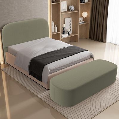 Cabeceira Cama Box Casal 140cm Lanna com Puff Recamier Doha W01  Bouclê Oliva - Lyam Decor