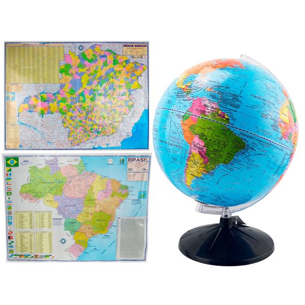 Kit Globo Terrestre Profissional Studio 30cm + Mapa do Brasil + Mapa de Minas Edição Atualizada Escolar Decorativo