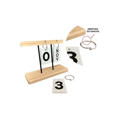 Calendário de Mesa Base de Madeira Permanente C/ Argolas Cartões Dia e Mês Decoração Escritório Home Office