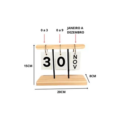 Calendário de Mesa Base de Madeira Permanente C/ Argolas Cartões Dia e Mês Decoração Escritório Home Office