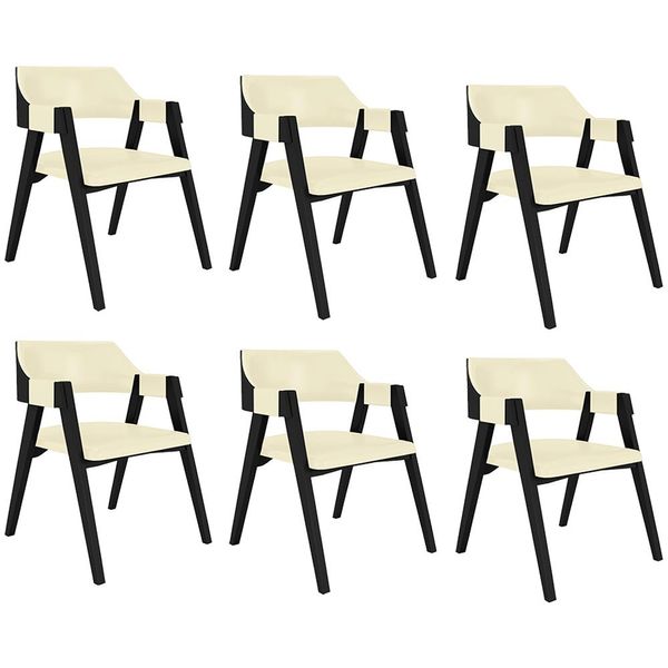 Kit 6 Cadeiras Sala de Jantar e Jogos Carteados Madeira Maciça Poker PU OffWhite/Preto G42 - Gran Belo