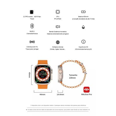 Smartwatch W68 Ultra Max Serie 8 49mm NFC, GPS 2,2" Ligações Preto