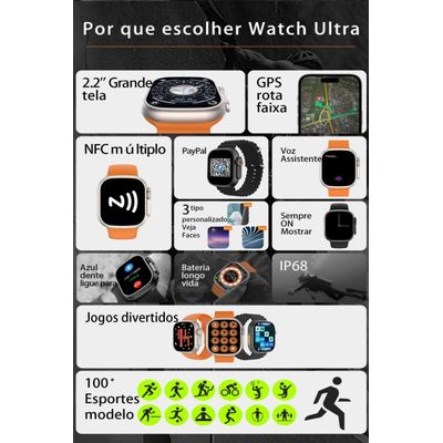 Smartwatch W68 Ultra Max Serie 8 49mm NFC, GPS 2,2" Ligações Preto