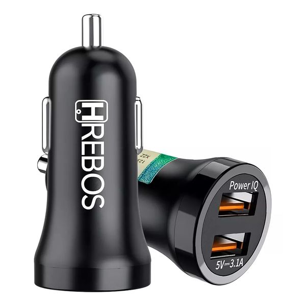 Carregador De Celular Veicular Turbo 15W Hrebos HS-182 Tomada Para Carro Dual USB Carga Rápida 3.1A Preto