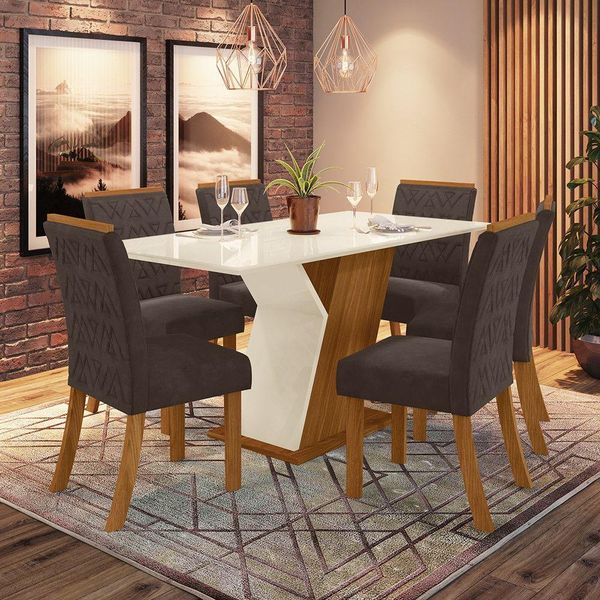 Conjunto Sala De Jantar Mesa 160 Cm Com Vidro 6 Cadeiras Nature Com Off White E Marrom Expresso