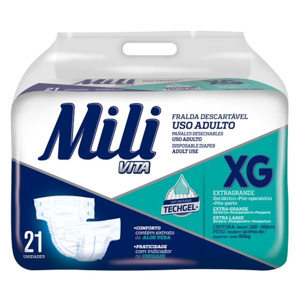 Fralda Geriatrica Adulto Mili Vita Tam XG   21 Fraldas com Gel Super Absorvente Conforto e Proteção