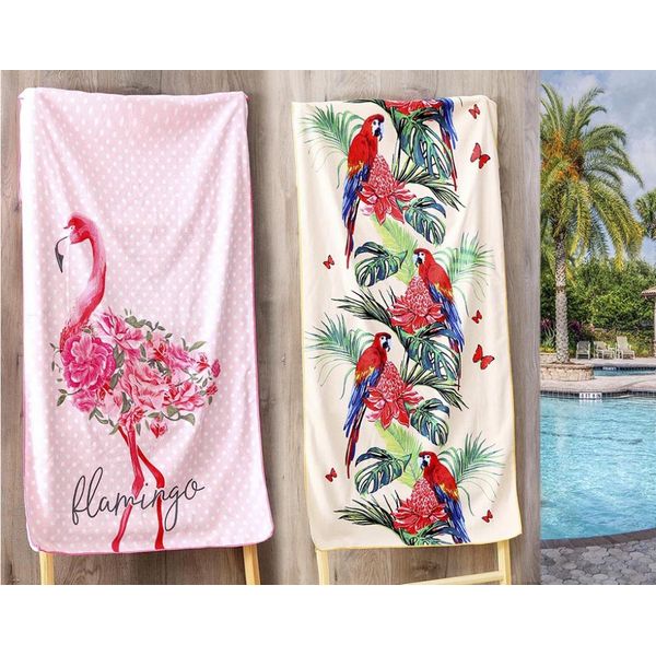 Kit 2 Toalhas de Praia Aveludada Flamingo e Arara Sultan
