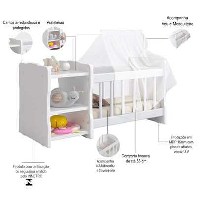 Kit 2 Berços Para Boneca Cristal Ursinho C02 Brinquedo Infantil Branco - Lyam Decor