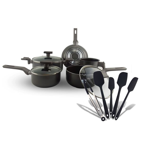 Conjunto de Panelas de Alumínio Antiaderente Sartin Cook 5 Peças + Conjunto de espátulas de silicone Preto