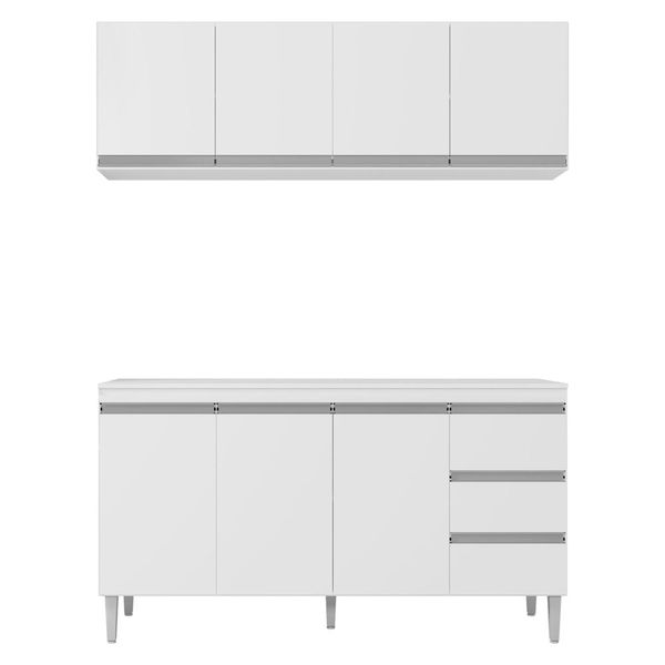 Balcão Gabinete Andréia com Tampo 160cm 3 Portas e Armário Aéreo 4 Portas Branco - Desk Design