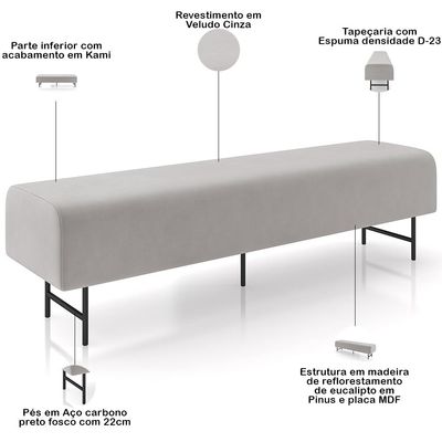 Puff Recamier Decorativo com Pés Industrial 160cm Novara P05 Veludo Cinza - Lyam Decor