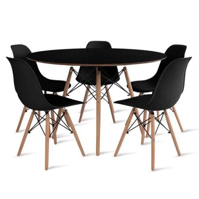 Conjunto de Mesa de Jantar Eames Eiffel Redonda 100cm Tampo de Madeira Preto com 5 Cadeiras Pretas
