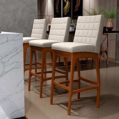 Kit 05 Banquetas Altas Para Cozinha Sala de Jantar Fixa Mila B04 Linho Cru - Lyam Decor