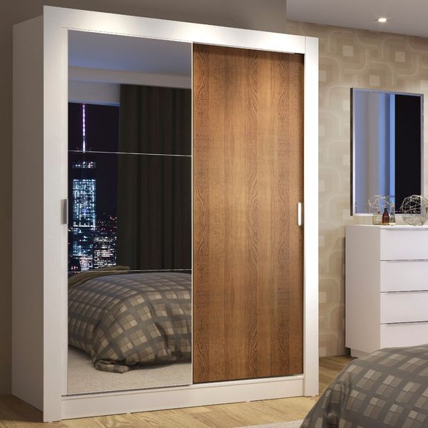 Guarda-Roupa Solteiro Madesa Denver 2 Portas de Correr com Espelho Branco/Rustic Cor:Branco/Rustic