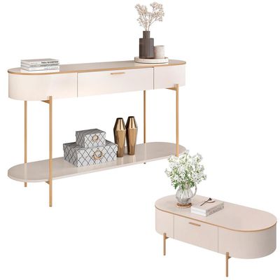 Conjunto Aparador Decorativo Amanda 1 Gaveta e Mesa de Centro Bento 1 Gaveta Pés Metálicos Dourados Off White G18 - Gran Belo