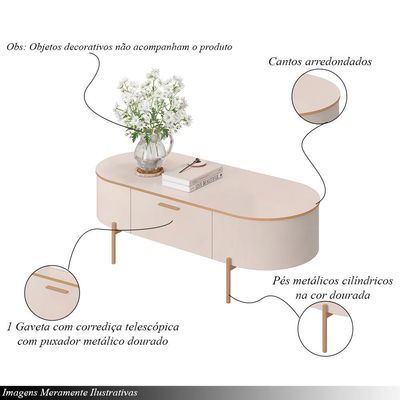 Conjunto Aparador Decorativo Amanda 1 Gaveta e Mesa de Centro Bento 1 Gaveta Pés Metálicos Dourados Off White G18 - Gran Belo