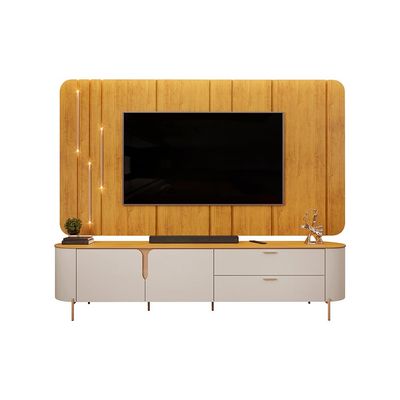 Painel com Bancada 241cm Avatar com Detalhes Dourados e LED para TV Até 75 Mel/Off White G18 - Gran Belo