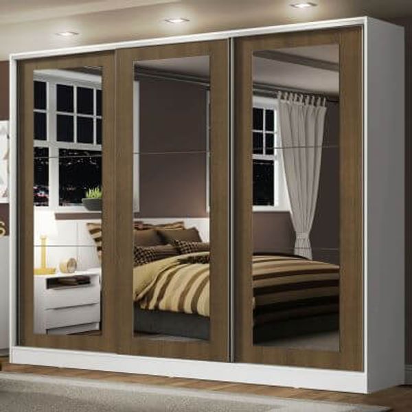 Guarda-Roupa Casal 100% MDF Madesa Eros 3 Portas de Correr de Espelho Branco/Rustic Cor:Branco/Rustic