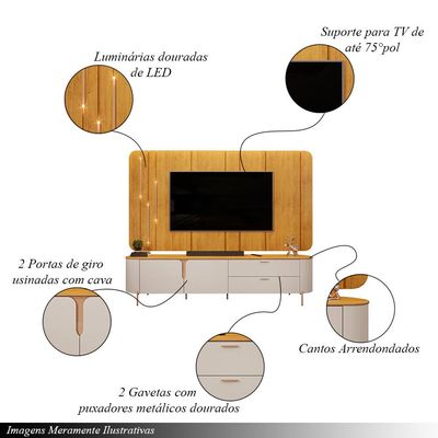 Painel com Bancada 241cm Avatar com Detalhes Dourados e LED para TV Até 75 Mel/Off White G18 - Gran Belo
