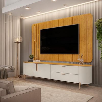 Painel com Bancada 241cm Avatar com Detalhes Dourados e LED para TV Até 75 Mel/Off White G18 - Gran Belo