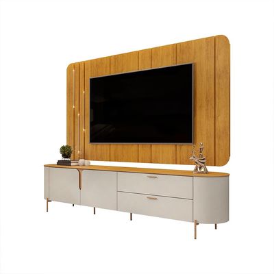 Painel com Bancada 241cm Avatar com Detalhes Dourados e LED para TV Até 75 Mel/Off White G18 - Gran Belo
