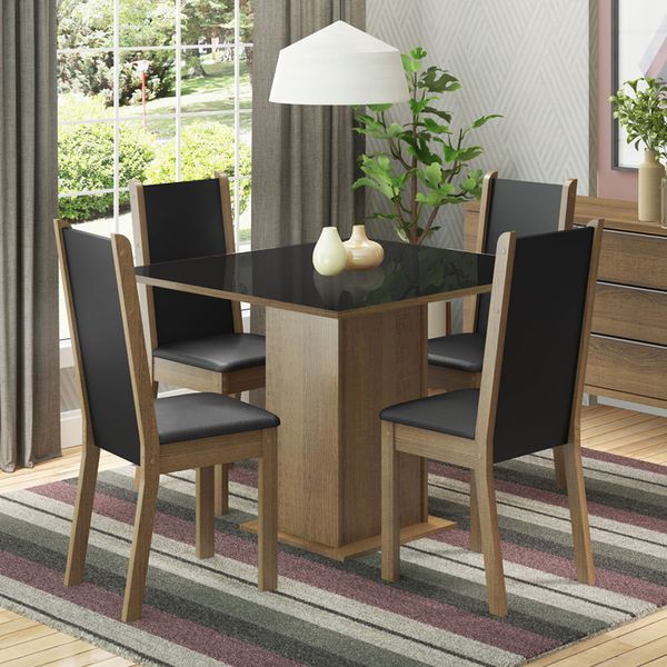 Conjunto Sala de Jantar Moscou Plus Madesa Mesa Tampo de Vidro com 4 Cadeiras Rustic/Preto Cor:Rustic/Preto