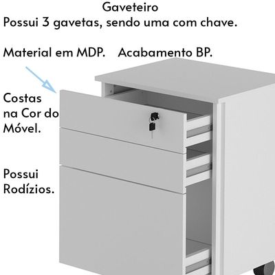 Gaveteiro com Chave para Escritório Home Office ME4148 MDP Branco - Gran Belo