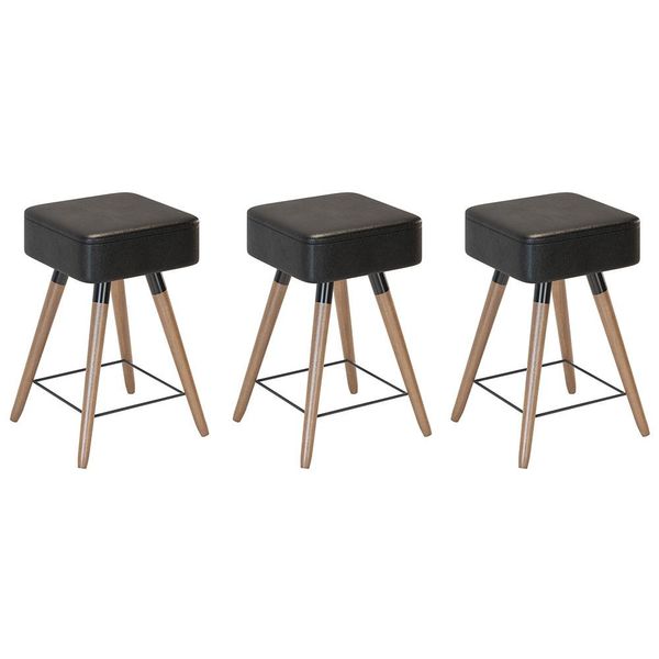 Kit 03 Banquetas Baixas Decorativas Rio 50x32cm com Pés Palito Corano Preto - Desk Design