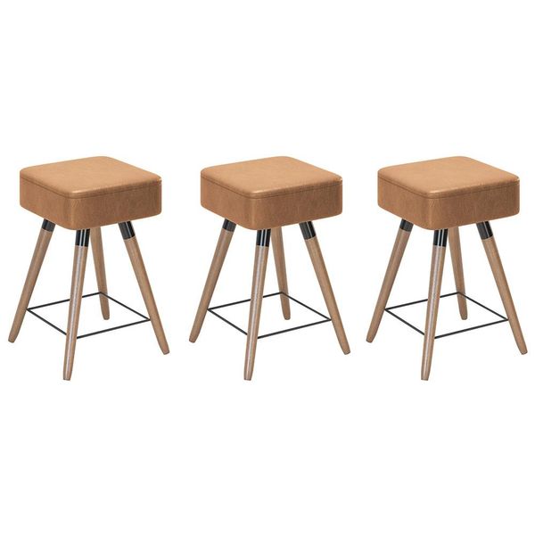 Kit 03 Banquetas Baixas Decorativas Rio 50x32cm com Pés Palito Corano Amarula - Desk Design