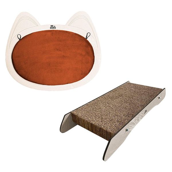 Kit 02 Arranhadores Pet Gato de Parede e Chão Premium MDF Champagne Veludo Terracota - Desk Design