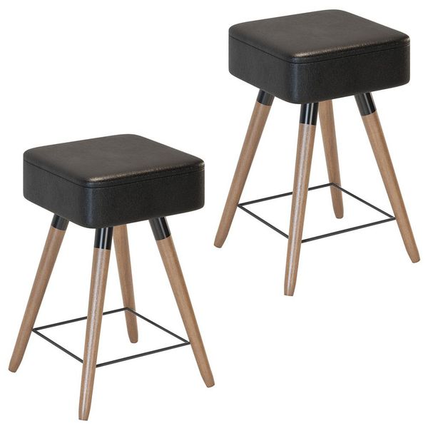 Kit 02 Banquetas Baixas Decorativas Rio 50x32cm com Pés Palito Corano Preto - Desk Design
