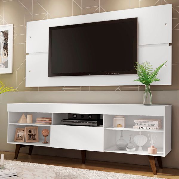 Rack com Painel para TV até 65 Polegadas Madesa Miami com Pés Branco/Rustic Cor:Branco/Rustic