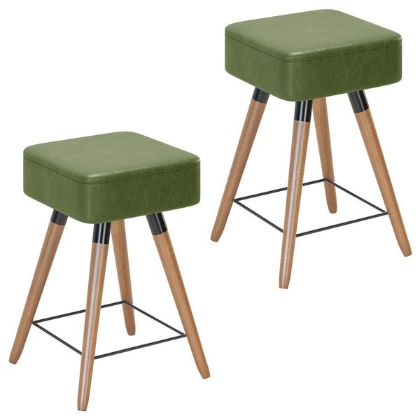 Kit 02 Banquetas Baixas Decorativas Rio 50x32cm com Pés Palito Corano Verde - Desk Design