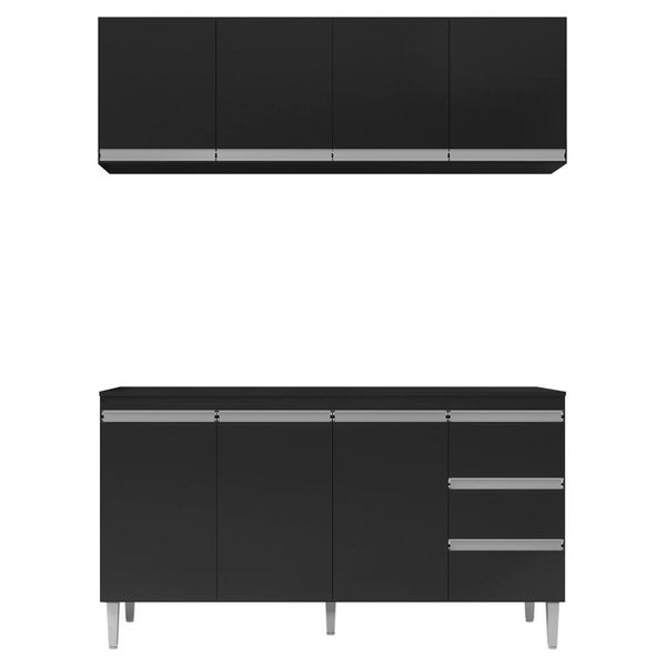 Balcão Gabinete Andréia com Tampo 160cm 3 Portas e Armário Aéreo 4 Portas Preto - Desk Design