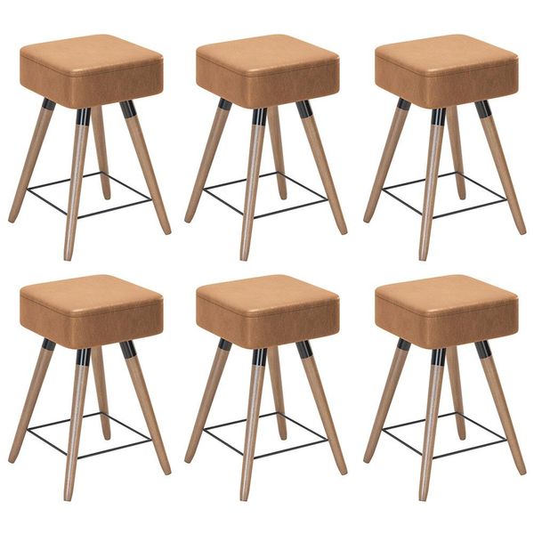 Kit 06 Banquetas Baixas Decorativas Rio 50x32cm com Pés Palito Corano Amarula - Desk Design