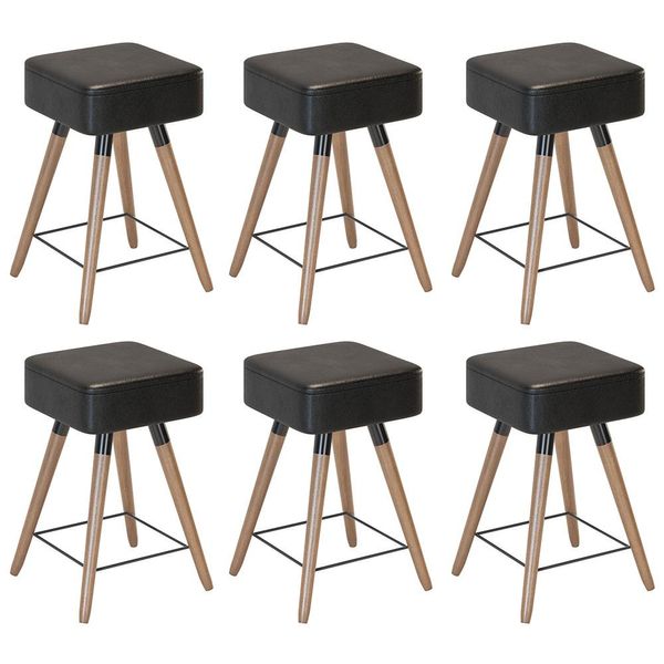 Kit 06 Banquetas Baixas Decorativas Rio 50x32cm com Pés Palito Corano Preto - Desk Design