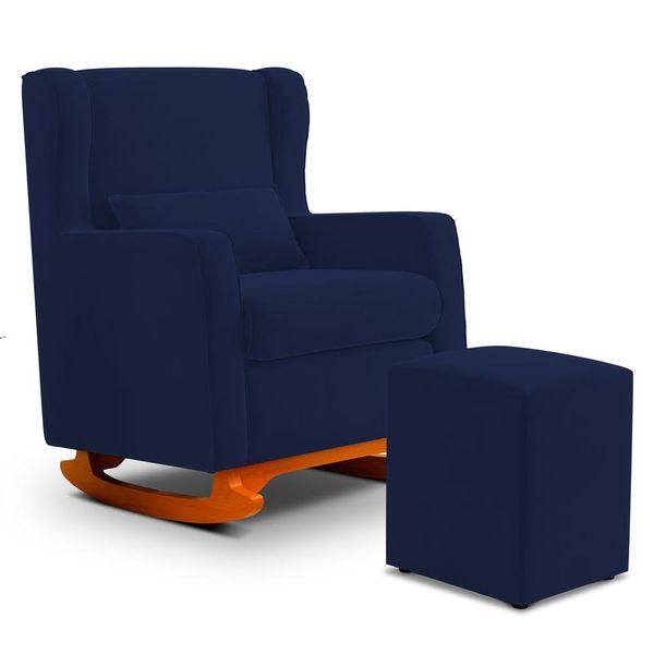 Poltrona de Amamentação e Descanso Zoe com Base Balanço e Puff Suede Azul Marinho - Desk Design