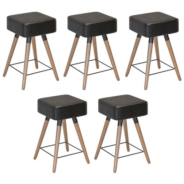 Kit 05 Banquetas Baixas Decorativas Rio 50x32cm com Pés Palito Corano Preto - Desk Design