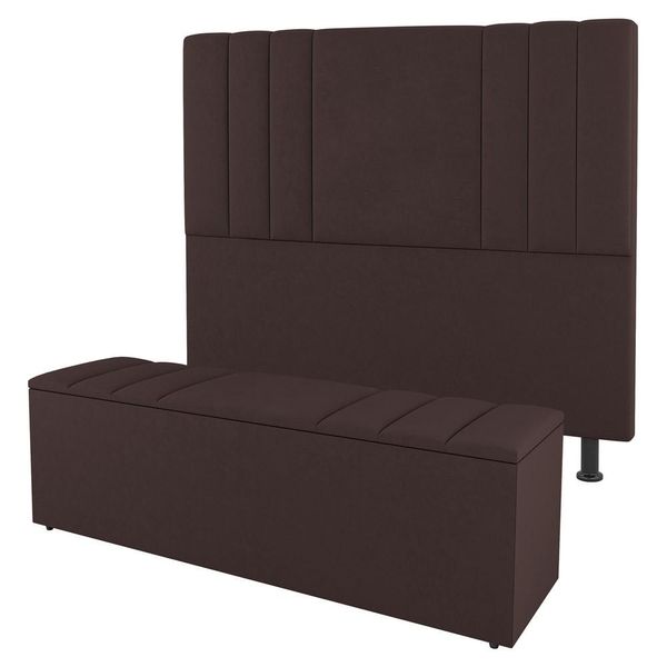 Kit Cabeceira e Baú Cama Box Casal Grace 140cm Sintético Marrom - Desk Design
